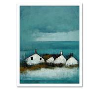 Artery8 Wall Art Print Scottish Seascape White Cottages On Teal Art Framed | Size: W12" x H16" Artery8 White W12" x H16"