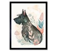 Artery8 Wall Art Print Scottish Terrier Dog in Flower Field Bright Modern Multicoloured Watercolour Art Framed in Black | Size: W12" x H16" Artery8 Black W12" x H16"