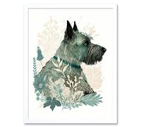Artery8 Wall Art Print Scottish Terrier Dog Lying in Flower Field Modern Teal Tan Art Framed in White | Size: W12" x H16" Artery8 White W12" x H16"