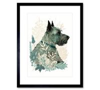 Artery8 Wall Art Print Scottish Terrier Dog Lying In Flower Field Modern Teal Tan Artwork Framed 9X7 Inch