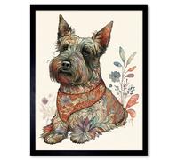 Artery8 Wall Art Print Scottish Terrier Dog with Flower Pattern Fur Coat Modern Watercolour Art Framed in Black | Size: W12" x H16" Artery8 Black W12" x H16"