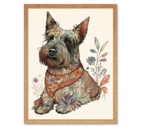 Artery8 Wall Art Print Scottish Terrier Dog with Flower Pattern Fur Coat Modern Watercolour Art Framed in Light Oak | Size: W12" x H16" Artery8 Light Oak W12" x H16"