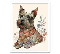 Artery8 Wall Art Print Scottish Terrier Dog with Flower Pattern Fur Coat Modern Watercolour Art Framed in White | Size: W12" x H16" Artery8 White W12" x H16"