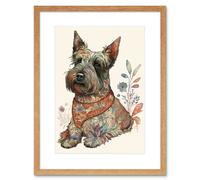 Artery8 Wall Art Print Scottish Terrier Dog with Flower Pattern Fur Coat Modern Watercolour Artwork Framed 9X7 Inch in Beige | Size: W7" x H9" Artery8 Beige W7" x H9"