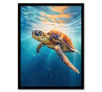 Artery8 Wall Art Print Sea Turtle Barbados Marine Swimming Blue Clear Water Art Framed in Black | Size: A4 Artery8 Black A4