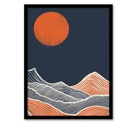 Artery8 Wall Art Print Sea Waves Lines Sun Blue Orange Abstract Painting Art Framed Poster in Black | Size: W12" x H16" Artery8 Black W12" x H16"