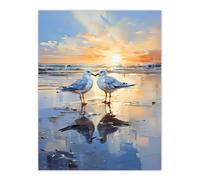 Artery8 Wall Art Print Seagull Bird Couple Beach Sunset Painting Coastal Landscape Art Poster in Blue | Size: W18" x H24" Artery8 Blue W18" x H24"