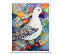 Artery8 Wall Art Print Seagull Bird & Snowflakes Folk Art Framed in White | Size: W12" x H16" Artery8 White W12" x H16"