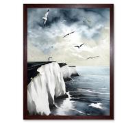 Artery8 Wall Art Print Seagulls Flying Over the White Cliffs of Dover in England Modern Linocut Art Framed in Brown | Size: W12" x H16" Artery8 Brown W12" x H16"