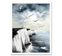 Artery8 Wall Art Print Seagulls Flying Over the White Cliffs of Dover in England Modern Linocut Art Framed | Size: W12" x H16" Artery8 White W12" x H16"