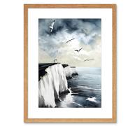 Artery8 Wall Art Print Seagulls Flying Over the White Cliffs of Dover in England Modern Linocut Artwork Framed 9X7 Inch in Beige | Size: W7" x H9" Artery8 Beige W7" x H9"