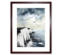 Artery8 Wall Art Print Seagulls Flying Over the White Cliffs of Dover in England Modern Linocut Artwork Framed 9X7 Inch in Brown | Size: W7" x H9" Artery8 Brown W7" x H9"