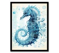 Artery8 Seahorse Robot Hybrid Schematic Blue Futuristic Secret Complex Arcane Manuscript Wall Art Print - A4 Size