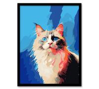 Artery8 Wall Art Print Seal Point Ragdoll Cat With Blue Eyes Pet Portrait Colourful Artwork Painting Art Framed | Size: W12" x H16" Artery8 Multicolor W12" x H16"