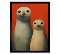 Artery8 Wall Art Print Seal Pups Portrait White Cream On Red Crimson Coral Detailed Oil Painting Art Framed in Black | Size: W12" x H16" Artery8 Black W12" x H16"