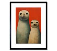 Artery8 Wall Art Print Seal Pups Portrait White Cream On Red Crimson Coral Detailed Oil Painting Artwork Framed 9X7 Inch in Black | Size: W7" x H9" Artery8 Black W7" x H9"