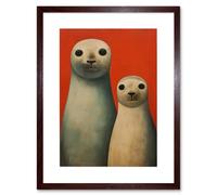 Artery8 Wall Art Print Seal Pups Portrait White Cream On Red Crimson Coral Detailed Oil Painting Artwork Framed 9X7 Inch in Brown | Size: W7" x H9" Artery8 Brown W7" x H9"