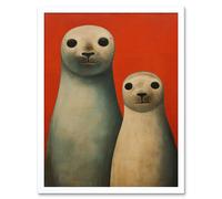 Artery8 Wall Art Print Seal Pups Portrait White Cream On Red Crimson Coral Detailed Oil Painting Art Framed | Size: W12" x H16" Artery8 White W12" x H16"