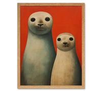 Artery8 Wall Art Print Seal Pups Portrait White Cream On Red Crimson Coral Detailed Oil Painting Art Framed in Light Oak | Size: W12" x H16" Artery8 Light Oak W12" x H16"