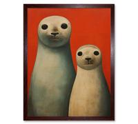 Artery8 Wall Art Print Seal Pups Portrait White Cream On Red Crimson Coral Detailed Oil Painting Art Framed in Brown | Size: W12" x H16" Artery8 Brown W12" x H16"