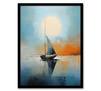 Wall Art Print Seascape Modern Abstract Sailboat Boat Artwork Calm Elegant Blue On Orange Art Framed Artery8 Black A4