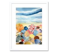 Artery8 Wall Art Print Seaside Beachcombing Colourful Seashells & Beach Pebbles Watercolour Painting Artwork Framed 9X7 Inch | Size: W7" x H9" Artery8 White W7" x H9"