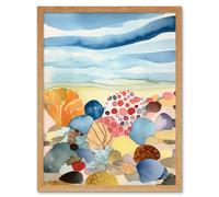 Artery8 Wall Art Print Seaside Beachcombing Colourful Seashells & Beach Pebbles Watercolour Painting Art Framed in Light Oak | Size: W12" x H16" Artery8 Light Oak W12" x H16"