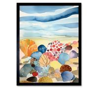 Artery8 Wall Art Print Seaside Beachcombing Colourful Seashells & Beach Pebbles Watercolour Painting Art Framed in Black | Size: W12" x H16" Artery8 Black W12" x H16"