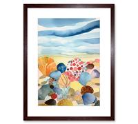 Artery8 Wall Art Print Seaside Beachcombing Colourful Seashells & Beach Pebbles Watercolour Painting Artwork Framed 9X7 Inch | Size: W7" x H9" Artery8 Brown W7" x H9"