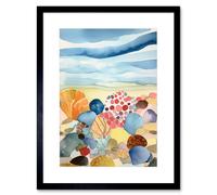 Artery8 Wall Art Print Seaside Beachcombing Colourful Seashells & Beach Pebbles Watercolour Painting Artwork Framed 9X7 Inch | Size: W7" x H9" Artery8 Black W7" x H9"