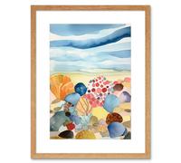 Artery8 Wall Art Print Seaside Beachcombing Colourful Seashells & Beach Pebbles Watercolour Painting Artwork Framed 9X7 Inch | Size: W7" x H9" Artery8 Beige W7" x H9"