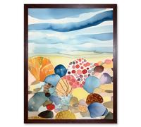 Artery8 Wall Art Print Seaside Beachcombing Colourful Seashells & Beach Pebbles Watercolour Painting Art Framed in Brown | Size: W12" x H16" Artery8 Brown W12" x H16"