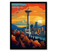Artery8 Wall Art Print Seattle Washington The Space Needle Funky Modern Painting Art Framed in Black | Size: W12" x H16" Artery8 Black W12" x H16"