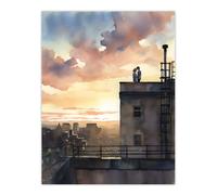 Artery8 Wall Art Print Secret Romance Watercolour Painting Orange Purple Couple On The Roof Watching A City Sunset Bedroom Art Poster Artery8 Multicolor W24" x H32"