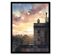 Artery8 Wall Art Print Secret Romance Watercolour Painting Orange Purple Couple On The Roof Watching A City Sunset Bedroom Art Framed Artery8 Multicolor W12" x H16"