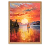 Artery8 Wall Art Print Serene Lake Sunset Sailing Vibrant Oil Painting Sail Boat Lakeside Mountain Landscape Art Framed | Size: W12" x H16" Artery8 Light Oak W12" x H16"