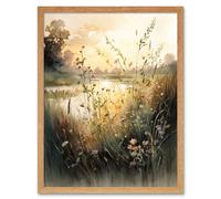Artery8 Wall Art Print Serene Lakeside Landscape with Wildflowers at Dawn Modern Watercolour Painting Art Framed in Light Oak | Size: W12" x H16" Artery8 Light Oak W12" x H16"
