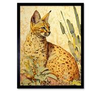 Artery8 Wall Art Print Serval Cat in Nature Detailed Watercolour & Ink Bright Art Framed in Black | Size: W12" x H16" Artery8 Black W12" x H16"