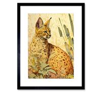 Artery8 Wall Art Print Serval Cat in Nature Detailed Watercolour & Ink Bright Artwork Framed 9X7 Inch in Black | Size: W7" x H9" Artery8 Black W7" x H9"