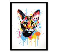 Artery8 Wall Art Print Serval Cat Lover Gift Pet Portrait Orange Blue Pink Artwork Painting Art Framed | Size: W12" x H16" Artery8 Multicolor W12" x H16"