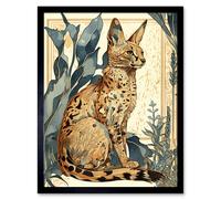 Artery8 Wall Art Print Serval Cat with Teal Plants Watercolour Portrait Modern Art Framed in Black | Size: W12" x H16" Artery8 Black W12" x H16"