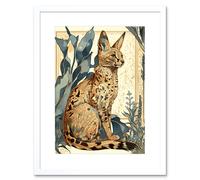 Artery8 Wall Art Print Serval Cat with Teal Plants Watercolour Portrait Modern Artwork Framed 9X7 Inch in White | Size: W7" x H9" Artery8 White W7" x H9"