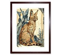 Artery8 Wall Art Print Serval Cat with Teal Plants Watercolour Portrait Modern Artwork Framed 9X7 Inch in Brown | Size: W7" x H9" Artery8 Brown W7" x H9"