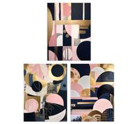 Artery8 Wall Art Print Set Of 3 Abstract Boho Art Deco Paintings Gold Pink Navy Blue Geometric Shapes And Patterns