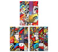 Wall Art Print Set of 3 Abstract Pop Artwork Woman Face Comic Book Strip Style Vibrant Patterns Living Room Poster s Pack Artery8 Multi W12 inch x H16 inch