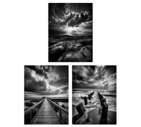 Artery8 Wall Art Print Set of 3 Atmospheric Clouds Black & White Photographs Dramatic Coastal Landscapes Living Room Poster s Pack Artery8 Grey W12" x H16"
