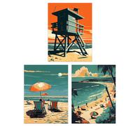 Artery8 Wall Art Print Set of 3 Coastal Landscapes Graphic Artwork Orange Teal Summer Beach Holiday Living Room Poster s Pack in Blue | Size: A4 Artery8 Blue A4