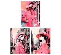 Artery8 Wall Art Print Set of 3 Pink Downtown Women Watercolour Artworks Winter Retro Fashion Living Room Poster s Pack | Size: A4 Artery8 Pink A4