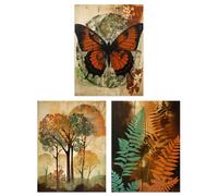 Artery8 Wall Art Print Set of 3 s Botanical Autumn Orange & Greens Butterfly Ferns Trees 3 Pack Poster Living Room s | Size: A4 Artery8 Orange A4