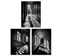 Artery8 Wall Art Print Set of 3 Shadows & Light Black & White Photographs Geometric Patterns Atmospheric Corridors Living Room Poster s Pack Artery8 Grey W12" x H16"